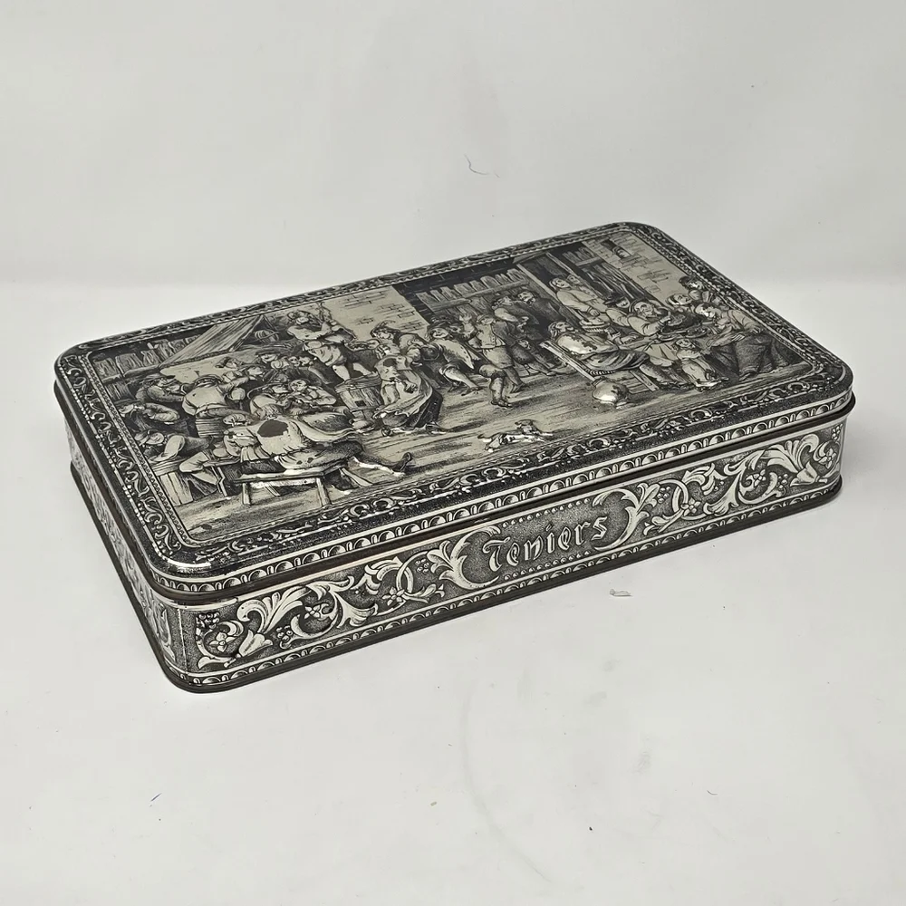 Vtg Teniers 3D tin box dancing socializing florentine biscuit‎ cookie box